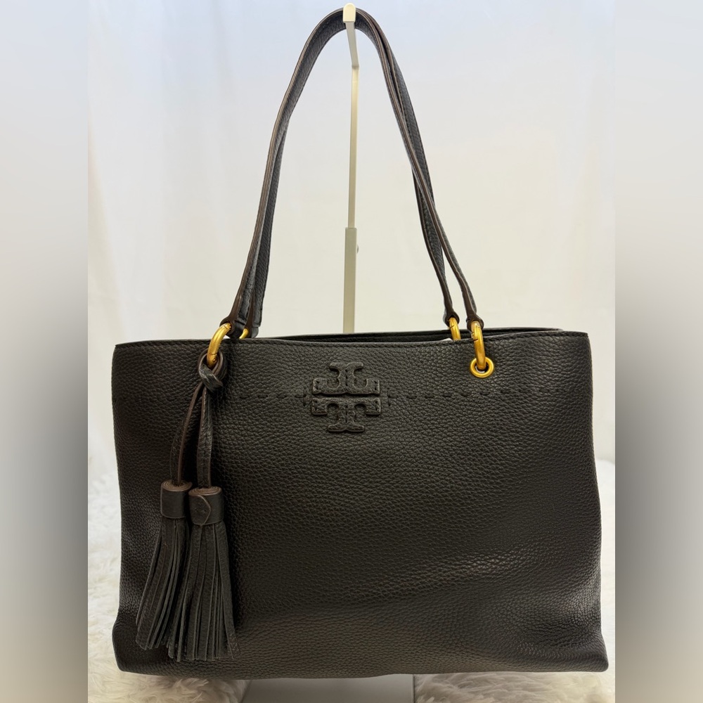 Tory Burch McGraw Shoulder Bag Large Black Leather Tote Bag Gold Hardware